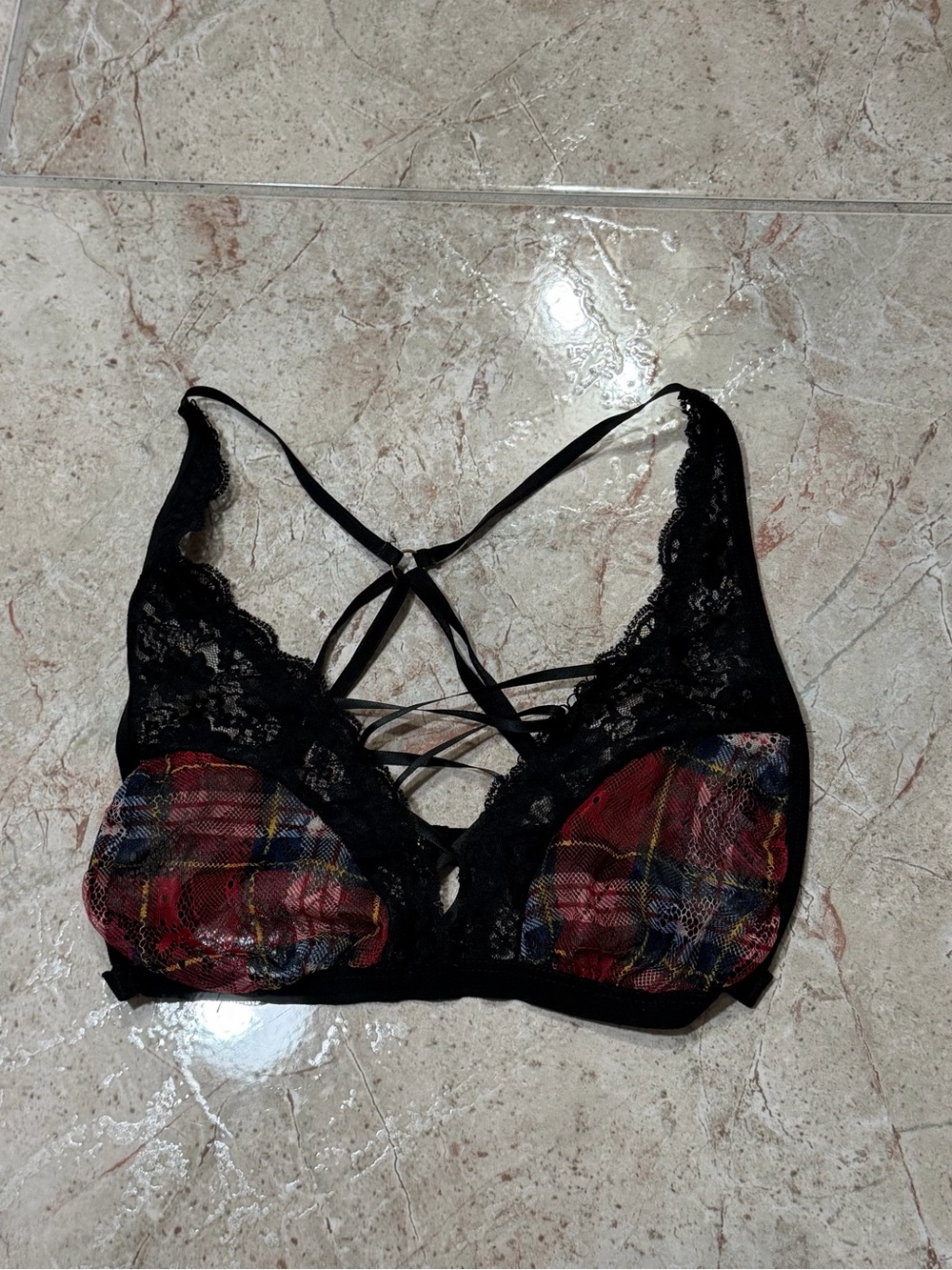 Escante Black Lace Tartan Plaid Strappy Bralette S/M